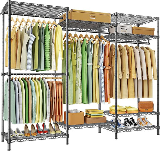 E13 Heavy Duty Clothes Rack（With 4 Hanger Rods & 8 Shelves） Freestanding Clothing Racks for Hanging Clothes，Adjustable Closet Organizer，Metal Garment Rack 63" W x16 D x77 H，Max Load 900LBS，Grey