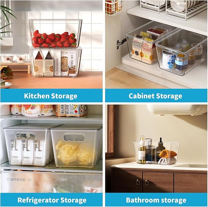 Clear Stackable Fridge Organizer with Lids, 4 Pack Large 11.5×7.5×6 Inch | Stackable clear storage containers with handles, pantry organizer for kitchen, fridge and freezer