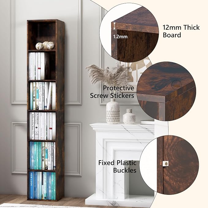 Cube Storage Organizer, 6 Cube Retro Bookshelf, Freestanding 6 Tier Open Shelf, Rustic Brown Retro Shelves for Home Office, Bedroom, Living Room, Study