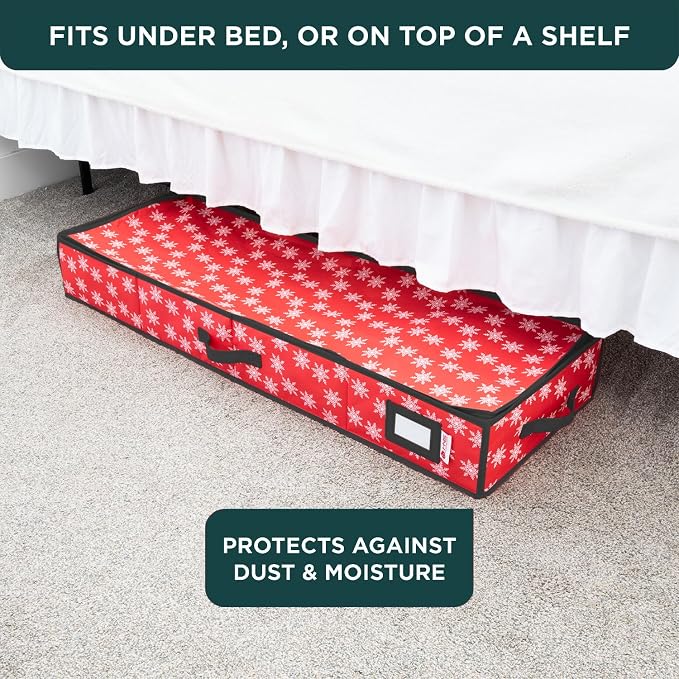 HOLDN’ STORAGE Premium Wrapping Paper Storage Container, Red w/Snowflakes | Durable 600D Tear-Proof, Fits 27 Rolls Gift Wrap, Extra Pockets for Ribbons & Bows, Underbed Storage