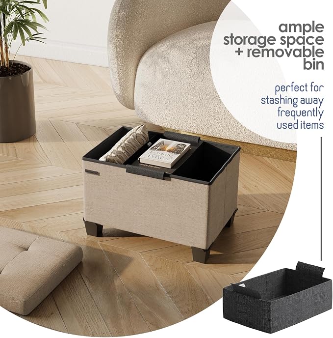 Storage Ottoman Cube with Small Bin, 16-in Square Ottoman with Storage for Living Room and Bedroom, Small Ottomans Foot Rest, Fabric Foot Stools Ottomans Max 330lbs, Taupe
