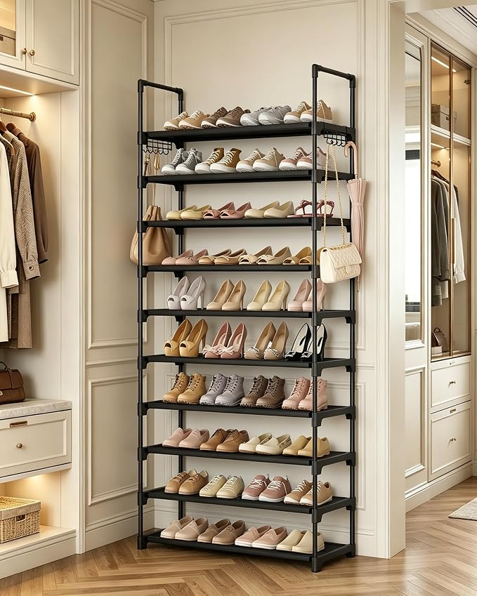 LANTEFUL Upgraded Shoe Rack for Closet Large Capacity 10 Tier Shoe Storage Holds 40–50 Pairs Sturdy Shoe Organizer with 10 Hooks for Entryway, Bedroom, Garage, Black