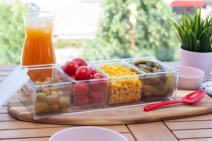 Pikanty Condiment Server Tray with 4 Removable Containers and Lids - Taco Bar, Pizza Bar, Burger Bar, Salad Toppings Organizer with Carry Handles, Dishwasher Safe, Made in USA