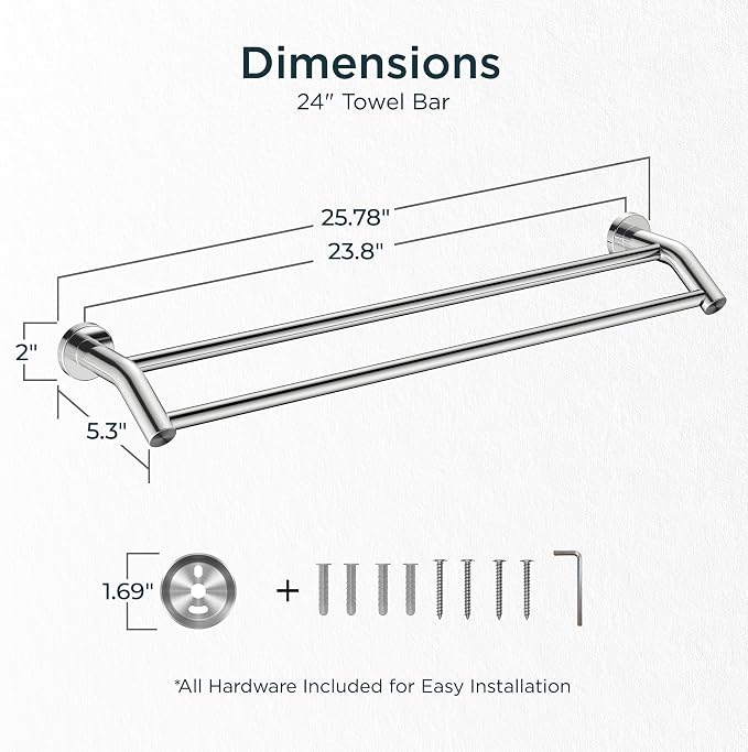 FORIOUS Double Towel Bar 24", Bathroom Towel Holder Rod Wall Mounted Chrome | Heavy Duty Towel Racks for Bathroom Bedroom, Space Saving, Rustproof, Stainless Steel Towel Holder, Total Length 26 Inch