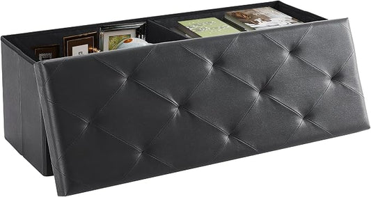 DUMOS 43 Inch Folding Storage Ottoman Bench, Large Ottoman with Storage | Storage Chest with Padded Seat, End of Bed Foot Rest Stool for Bedroom Living Room, Load 660 lbs, Synthetic Leather, Black