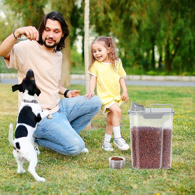 5-7LBS Airtight Dog Cat Food Storage Container with Upgraded Large Nozzle BPA-free, 4 Snap Seals Plastic Pet Food Storage Container with Handles are Easy to Clean and Carry- Light Gray