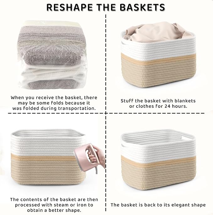 4 Pack Storage Baskets for Organizing, 11''Lx9''Wx8''H Woven Baskets for Storage Toys, Towels, Books, and Clothes, Cotton Rope Basket for Shelves with Handle