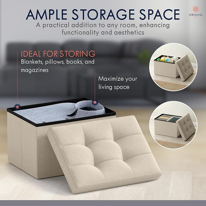 Ornavo Home Small Rectangle Storage Ottoman, Linen, 12x16x12, Beige | Collapsible Cube Design; Foot Rest Stool Seat; Ideal for Living Room, Bedroom, Home Office or Dorm