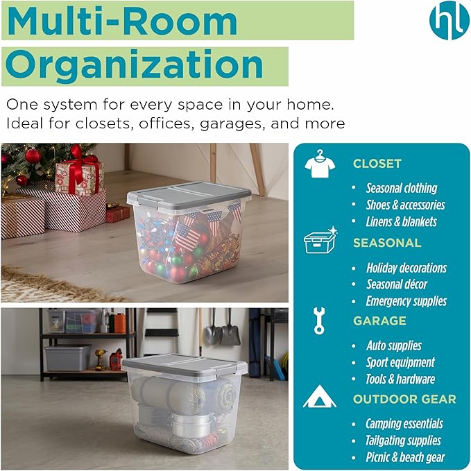 Home Logic 29 Qt Latched Storage Bin with Lid, Stackable Plastic Storage Container, Organizer for Home, Office & Classroom, 6 Pack, Gray