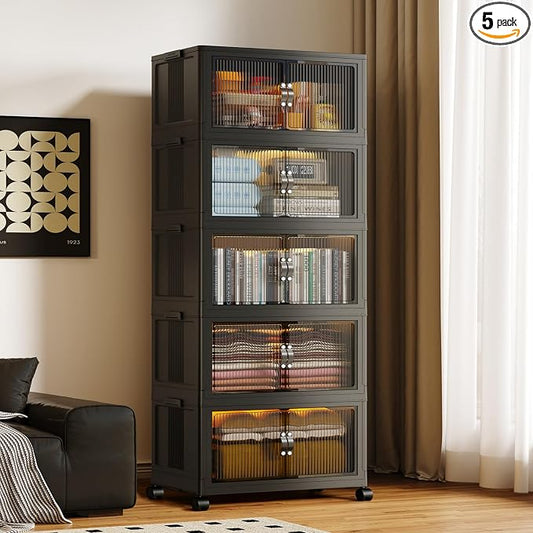 SAILUN 145Gal/580Qt Collapsible & Stackable Storage Bins with Door & a Lid,Perfect for Blanket Storage, Pillow Organizer, Bedroom Closet & Living Room, Black 26" W x 17" D x 71" H
