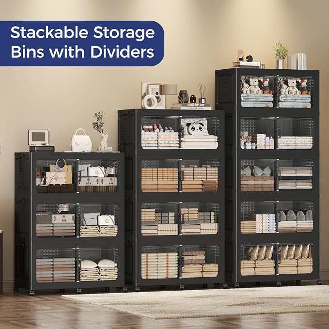 150GAL Extra Large Storage Bins with Lid, 600Qt Stackable Closet Organizers and Drawers, Collapsible Storage Bins with Wheels, Folding Containers for Home, Kitchen Office, 3Pack Black