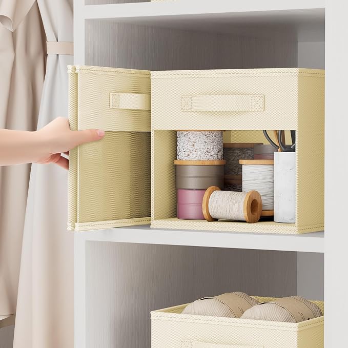 DIMJ Cube Storage Bin, 6 Packs Collapsible Storage Bins with Handles, Fabric Bins for Organization, Cube Storage Organizer Bins for Closet Organization and Storage, Beige