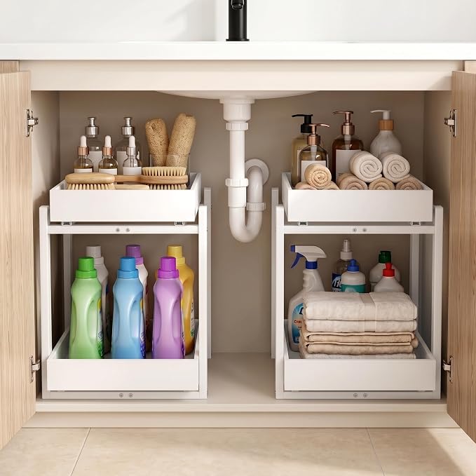 MHXW SXPN Bamboo Under Sink Organizer, 2 Pack Pull Out Cabinet Organizer | 2 Tier Vertical Smooth Slide Out Undersink Storage Shelf | Multi-Purpose Organizer Shelves for Kitchen Bathroom Medicine
