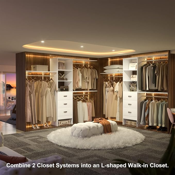 8FT Closet System, 96'' Closet Organizer System with 3 Hanging Rods, Wall Mount Bedroom Wardrobe with 3 Drawers Walk-in Closet, Adjustable Cloth Garment Rack from 5 to 8FT (Cut to Fit), White