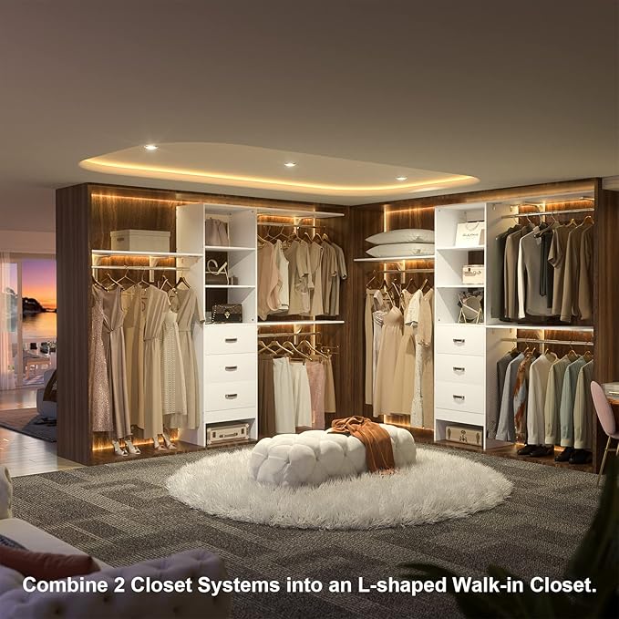 iSunirm 8FT Closet System, 96'' Closet Organizer System with 3 Hanging Rods, Wall Mount Bedroom Wardrobe with 3 Drawers Walk-in Closet, Adjustable Cloth Garment Rack from 5 to 8FT (Cut to Fit), White