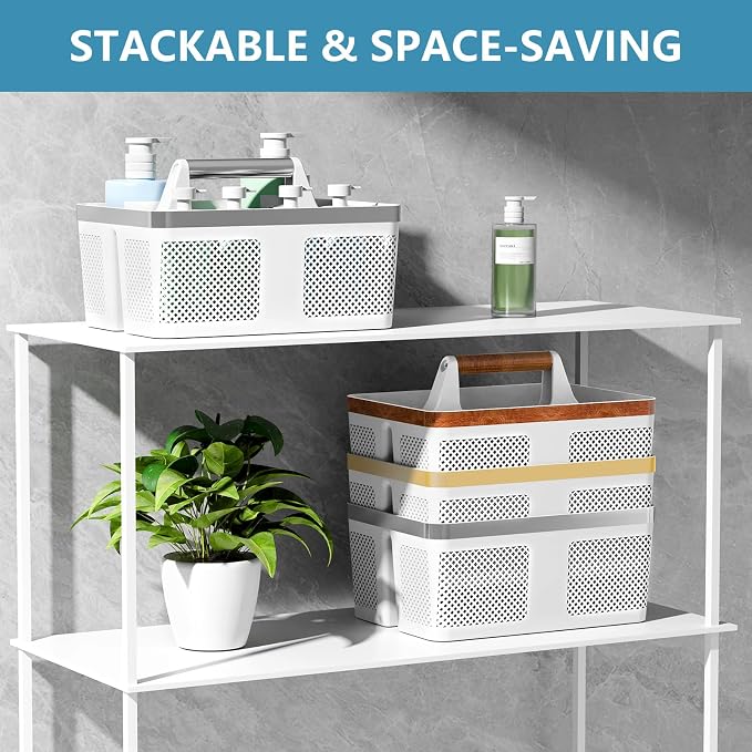 BYUNER 2Pack Shower Caddy Dorm: Portable Bathroom Caddy Organizer with Handle and Holes, Plastic Cleaning Caddy, Hard Shower Basket Storage Tote for Toiletry, College Dorm Room Essentials White/Silver