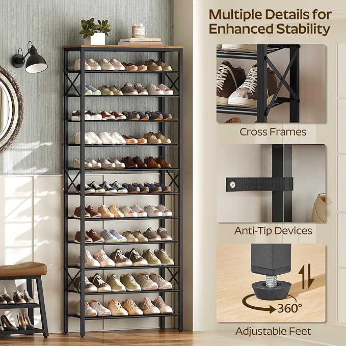 YATINEY 12 Tier Shoe Rack, Large Capacity Shoe Storage Organizer Holds 48 Pairs, Sturdy and Stable, for Entryway, Hallway, Closet, Dorm Room, Rustic Brown SS12BR