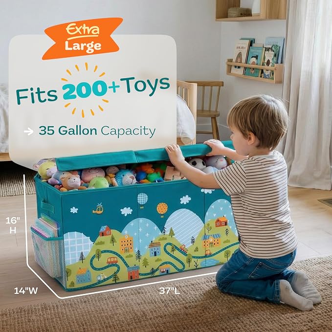 SoftOwl Extra Large Toy Storage Organizer with Lid - Sturdy, Collapsible Toy Chest Storage Box with Cute Design - Toys Bin with Dividers for Kids, Boys, Girls, Nursery, Bedroom, Play room 37"x16"x14"
