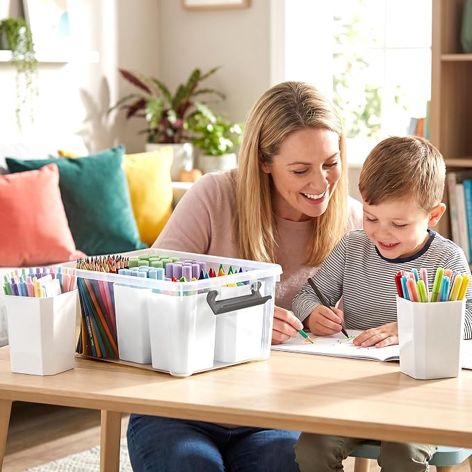 Citylife 17QT Craft Organizers and Storage bins with Lids, Marker Organizer | Clear Plastic, Art Supply Organizer for Markers, Crayons and Crafts, 6 Detachable Inserts, Versatile Stackable, No Assembly