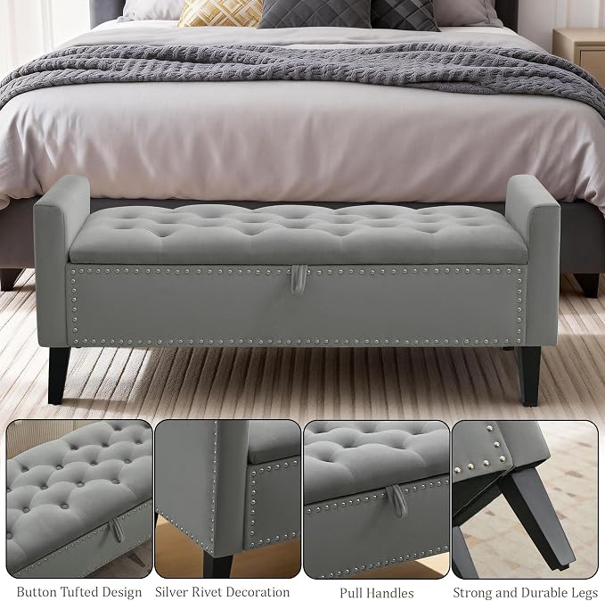 47in Velvet Storage Ottoman Bench with Arms, Upholstered Storage Bench with Wooden Legs, Storage Bench for Bedroom, Living Room, Dark Grey