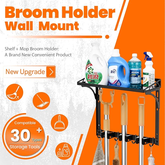 Broom Holder Wall Mount with Cleaning Supplies Organizer | Laundry Room Shelves, Mop Hanger Rack Gripper Hooks, Vacuum Organizer, Wall Hanging for Home Garage Kitchen