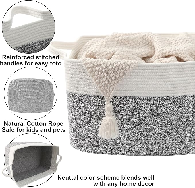 96L XXXLarge Woven Laundry Basket with Sturdy Handles - White/Grey | Machine washable,Space-Saving Collapsible Design,Cotton rope, blanket basket living room,for toys clothes nursery bathroom
