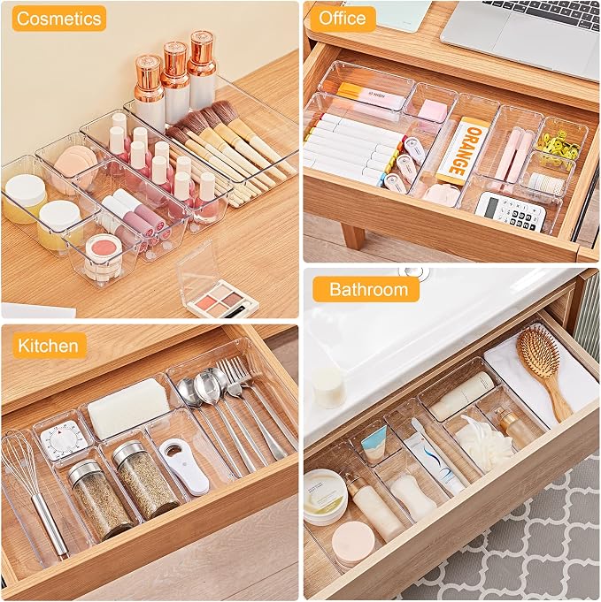 SMARTAKE 28 Piece Drawer Organizers with Non-Slip Silicone Pads, 4-Size | Clear Desk Bathroom Drawer Organizer Trays Storage Tray for Makeup, Jewelry, Utensils in Bedroom Dresser, Office and Kitchen