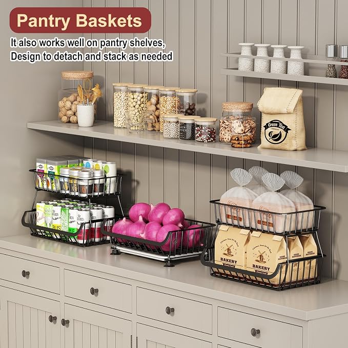 3-Tier Rolling Pantry Cart with Wheels, Stackable Wire Storage Floor Organizer for Kitchen Pantry Snack Shelves, Fruit Basket Stand, Vegetable Storage Rack for Food Snacks Onion Potato
