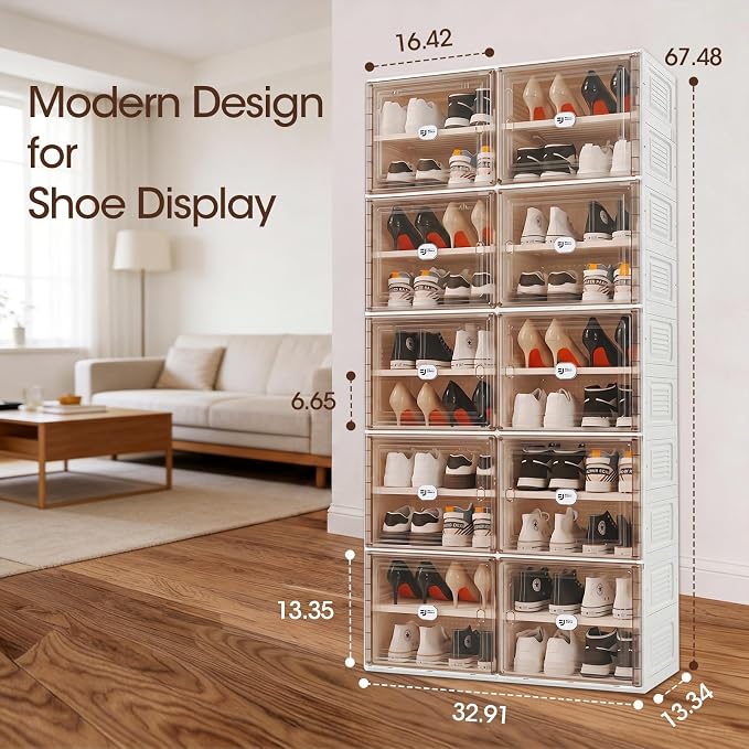 40 Pairs Shoes Storage Cabinet of 3-Step Fast Installation,Plastic Shoe Rack with Clear Magnetic Door for Display，Foldable Shoe Organizer for Entryway, Living Room, Garage (2 Row, 10 Tier)
