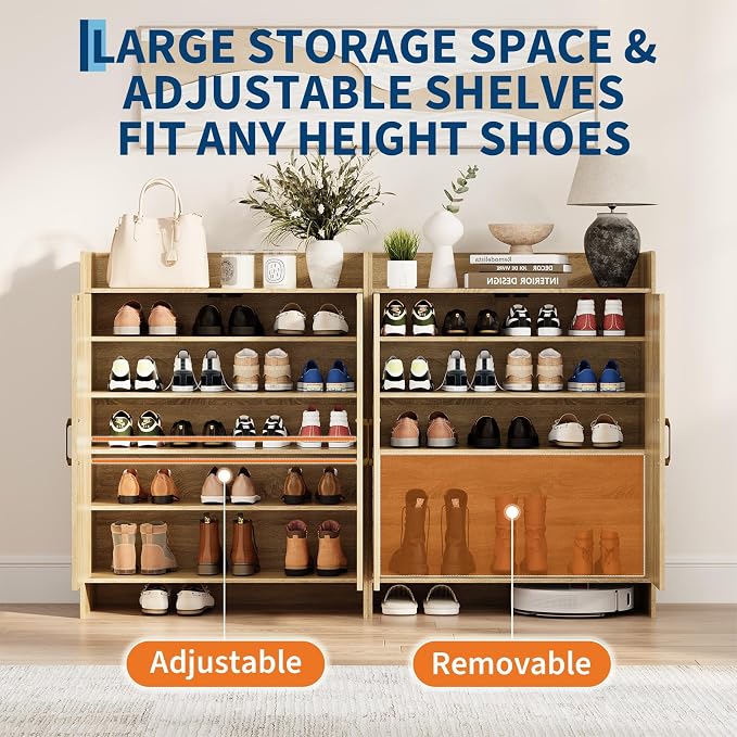 Garvee Shoe Cabinet Storage for Entryway, Rattan Storage Cabinet, Wooden Shoe Rack with 2 Doors, Farmhouse Boho Wood Shoe Organizer Cabinet for Entrance Hallway Living Room Foyer