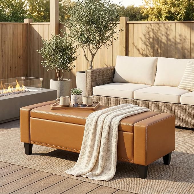 AKMAKM 49''W Storage Ottoman Bench, 30 Gallons End of Bed Bench, Faux Leather, Mid Century Modern, Upholstered Bench with Storage and Seat for Entryway, Living Room, Holds up to 350 lb, Brown