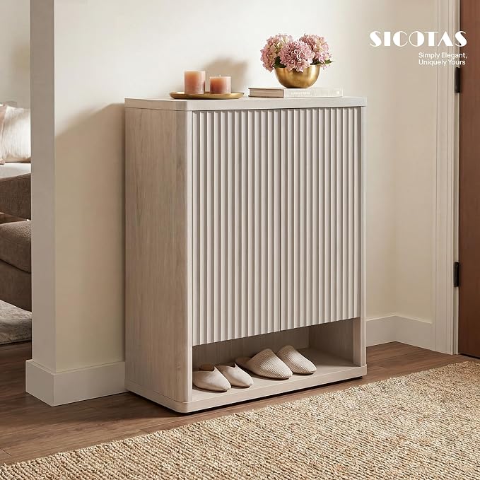 SICOTAS Shoe Cabinet 44 inch Tall Fluted Shoe Cabinet with Doors & 4 Shelves Wooden Large Hidden Shoe Storage Organizer Modern Free Standing 6-Tier Cabinet for Entryway Living Room Closet