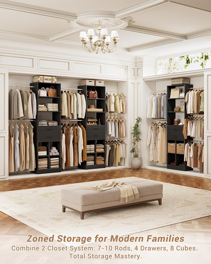 Besiost Small Closet System, 3.2-6.8FT Small Closet Organizer with 2 Wooden Drawers & 5 Hanging Rods, Can Fit 37.5 to 81.9 inch Walk-in Closet System, Built-in, Black, Enclosed Storage Volume 2.32 ft³