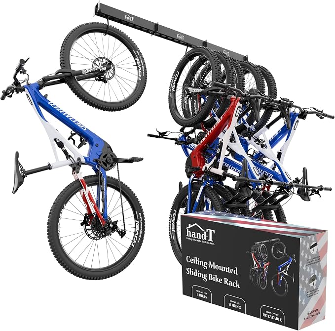 USA Based Ceiling Bike Rack Garage Storage Mount, Bicycle Hanger For Up To 6 Bikes, Sliding 51" Heavy Duty Hook Racks With Padded Hanging Mounts, Hooks Hangers (Black, 3 Rails - 6 Hooks)