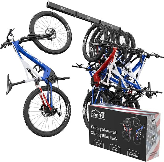 USA Based Ceiling Bike Rack Garage Storage Mount, Bicycle Hanger For Up To 6 Bikes, Sliding 51" Heavy Duty Hook Racks With Padded Hanging Mounts, Hooks Hangers (Black, 3 Rails - 6 Hooks)