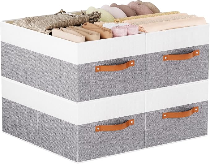 Storage Bins Organizers,18.5×11×7.9In,White/Grey Boxes,4Pack | Clothing Storage Baskets,Fabric Closet Organizer,Foldable Containers with PP Plastic Board,Large Cubes for Clothes,Hat