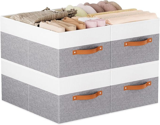 Storage Bins Organizers,18.5×11×7.9In,White/Grey Boxes,4Pack | Clothing Storage Baskets,Fabric Closet Organizer,Foldable Containers with PP Plastic Board,Large Cubes for Clothes,Hat
