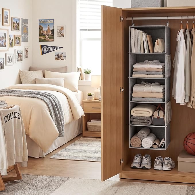 StorageWorks Hanging Closet Organizer, 5-Shelf Hanging Shelves with 2 Hooks, Foldable Space-Saving Design, Closet Organizers and Storage for Bedroom, Dorm, Locker, Gray