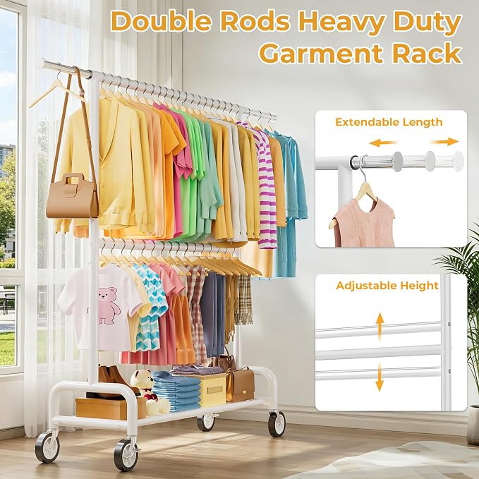 Heavy Duty Clothes Rack Load 860LBS, Double Rods Rolling Clothing Racks for Hanging Clothes, Rolling Garment Rack With Sturdy Wheels Shelves, Portable & Adjustable Commercial Garment Rack, White