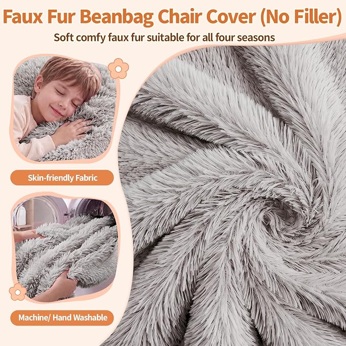 Stuffed Animal Storage Bean Bag Chair Cover, Soft Bean Bag Cover | Fluffy Faux Fur Stuffed Animal Storage Chair, Non-Slip Bottom, Fill with Plush Toys or Blankets, for Adults Teens Kids Girls