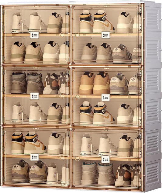 ANTBOX Portable Shoe Rack Organizer for Closet Entryway, Stackable Sneaker Storage Shoe Cabinet with Magnetic Clear Door, Large Plastic Storage containers Bins with Lids 6 Tiers 24 Pairs