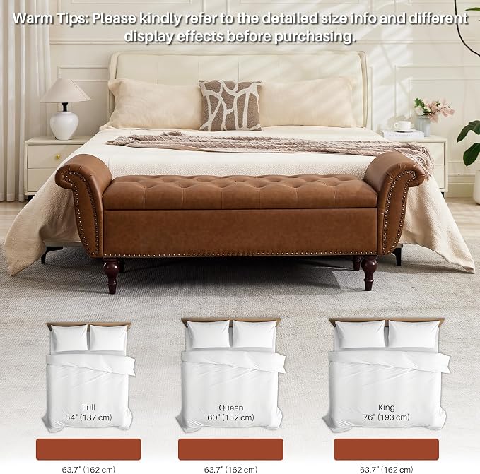 63.8" Storage Bench For Bedroom Faux Leather End Of Bed Bench With Storage | Upholstered Ottoman Foot Rest With Rolled Arms For Bedroom Living Room Holds Up To 700 Lb Brown
