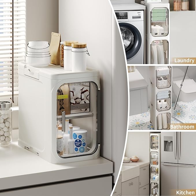 3-Tier Slim Bathroom Narrow Storage Cabinet with Wheels, White | Tool Free Assembly, Adjustable Shelves, Fits for Narrow Spaces, Reinforced Stability, Magnetic Clear Door