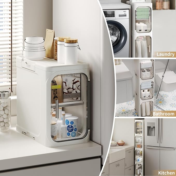 5-Tier Tall Slim Narrow Bathroom Storage Cabinet, White | Tool Free Assembly, Adjustable Shelves, Fits for Narrow Spaces, Reinforced Stability, Magnetic Clear Door