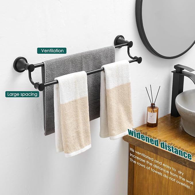 Hoimpro Double Towel Bar Towel Rack for Bathroom Holder Wall Mounted Black | Adjustable 16-26 In,Matte Black Wall Mounted, Stainless Steel, Rustproof, Towel Bar Rod Hanger Hardware Accessories Hotel