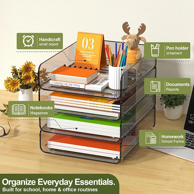 FANXIYQ 4-Tier Acrylic Paper Tray Organizer, Brown Office Paper Organizer | Stackable, Tool-Free Design with 2-4 Tiers for A4 Paper, Files, Books and Mail; Ideal for School, Home Office and Study Room