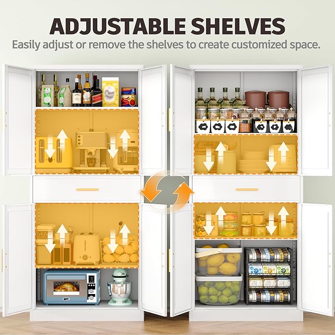 71”Tall Kitchen Pantry Cabinet, Metal Storage Cabinet with Doors and Shelves (White, 1 Drawer)