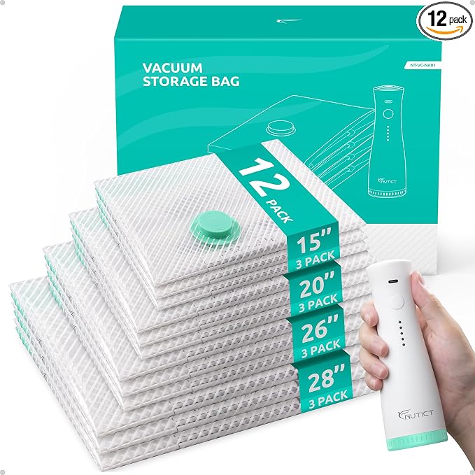 Vacuum Seal Storage Bags for Clothing Travel with Electric Pump, 12 Pack | 4 Sizes, Reusable Compression Packing Bag for Clothes, Blankets, Bedding, Cruise Ship Vacation Luggage & Suitcase Space Saver