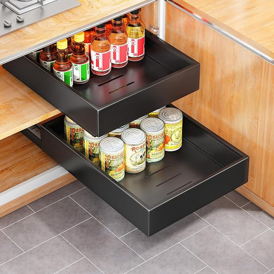 2Pack Pull out Cabinet Organizer, 21"Deep, Heavy Duty Full-extension Slide out Drawers for Kitchen Cabinet, Roll out Shelf Storage with Nano Adhesive for Pots,12"W x 21"D x 3.1"H, Black