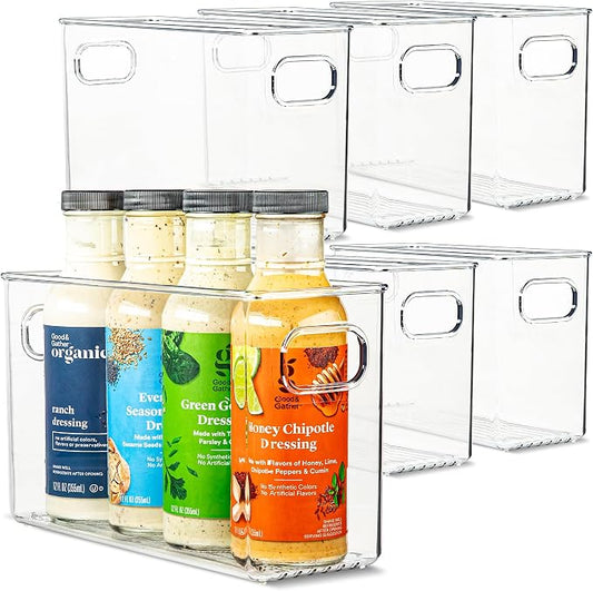 Plastic Food Storage 6 Pack Clear Container Bin with Handles for Organizing Kitchen, Pantry, Refrigerator, Freezer, Pantry, Cabinet, Closet, Bathroom. 10”x4”x6”